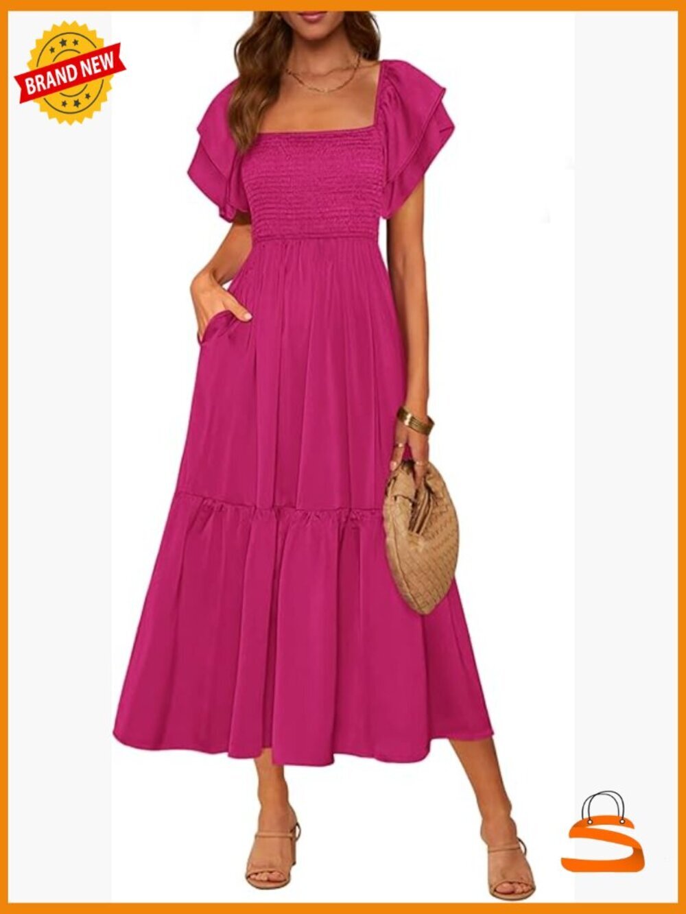 Square Neck Ruffle Sleeve Smocked High Waist Midi A-Line Dress